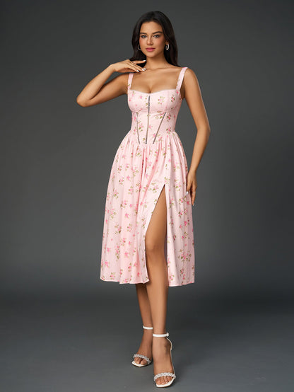 Openwork Split Thigh Pocket Floral Print Dress