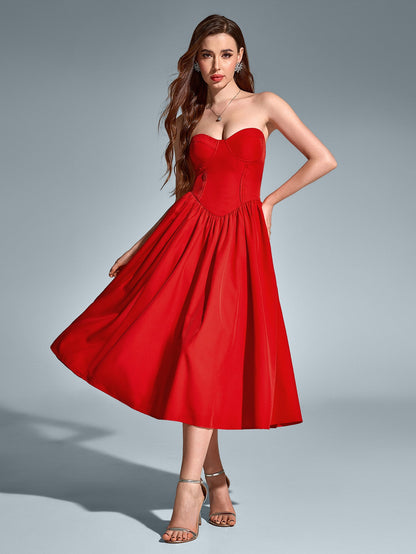 Pleat Corset Flared Hem Midi Dress