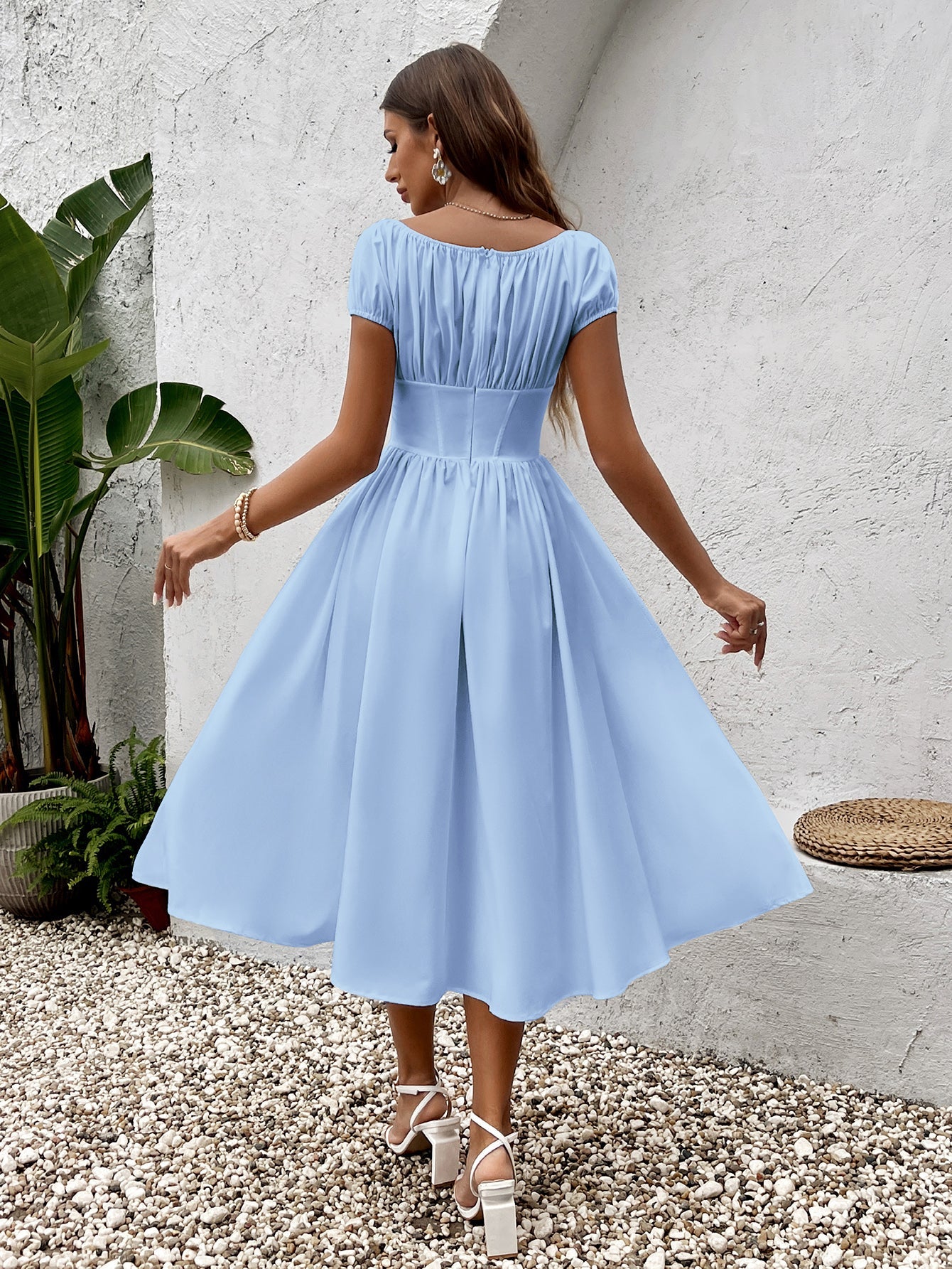 Puff Sleeve Ruched Bust Button Midi Dress