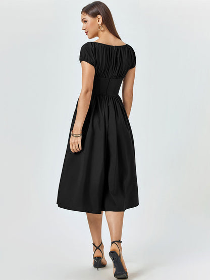 Puff Sleeve Ruched Bust Button Midi Dress