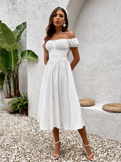 Puff Sleeve Ruched Bust Button Midi Dress