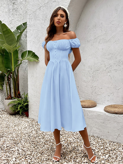 Puff Sleeve Ruched Bust Button Midi Dress