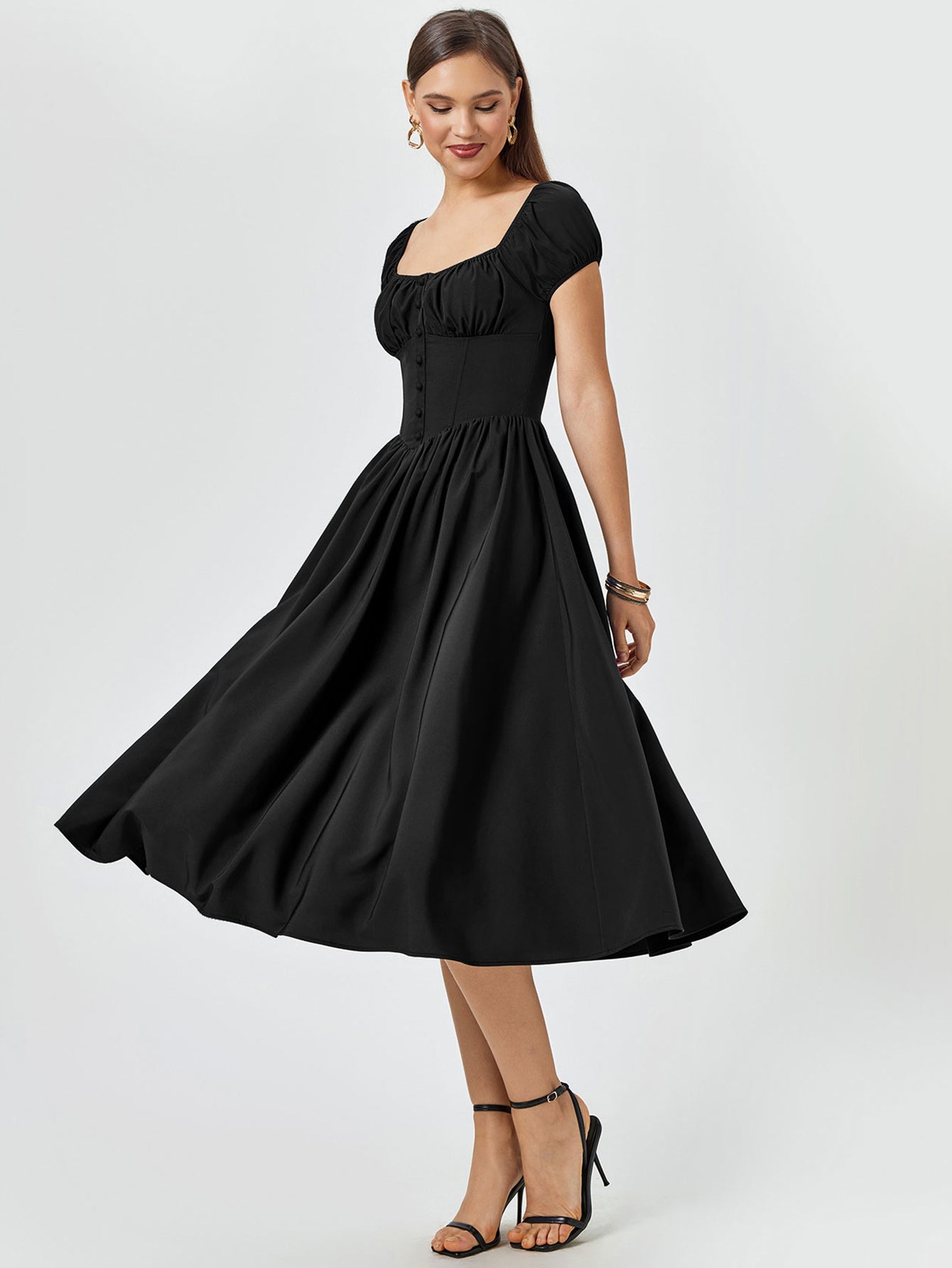 Puff Sleeve Ruched Bust Button Midi Dress