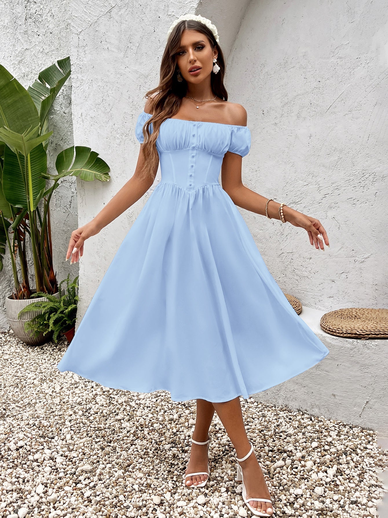 Puff Sleeve Ruched Bust Button Midi Dress