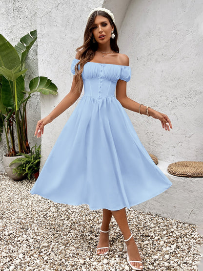 Puff Sleeve Ruched Bust Button Midi Dress
