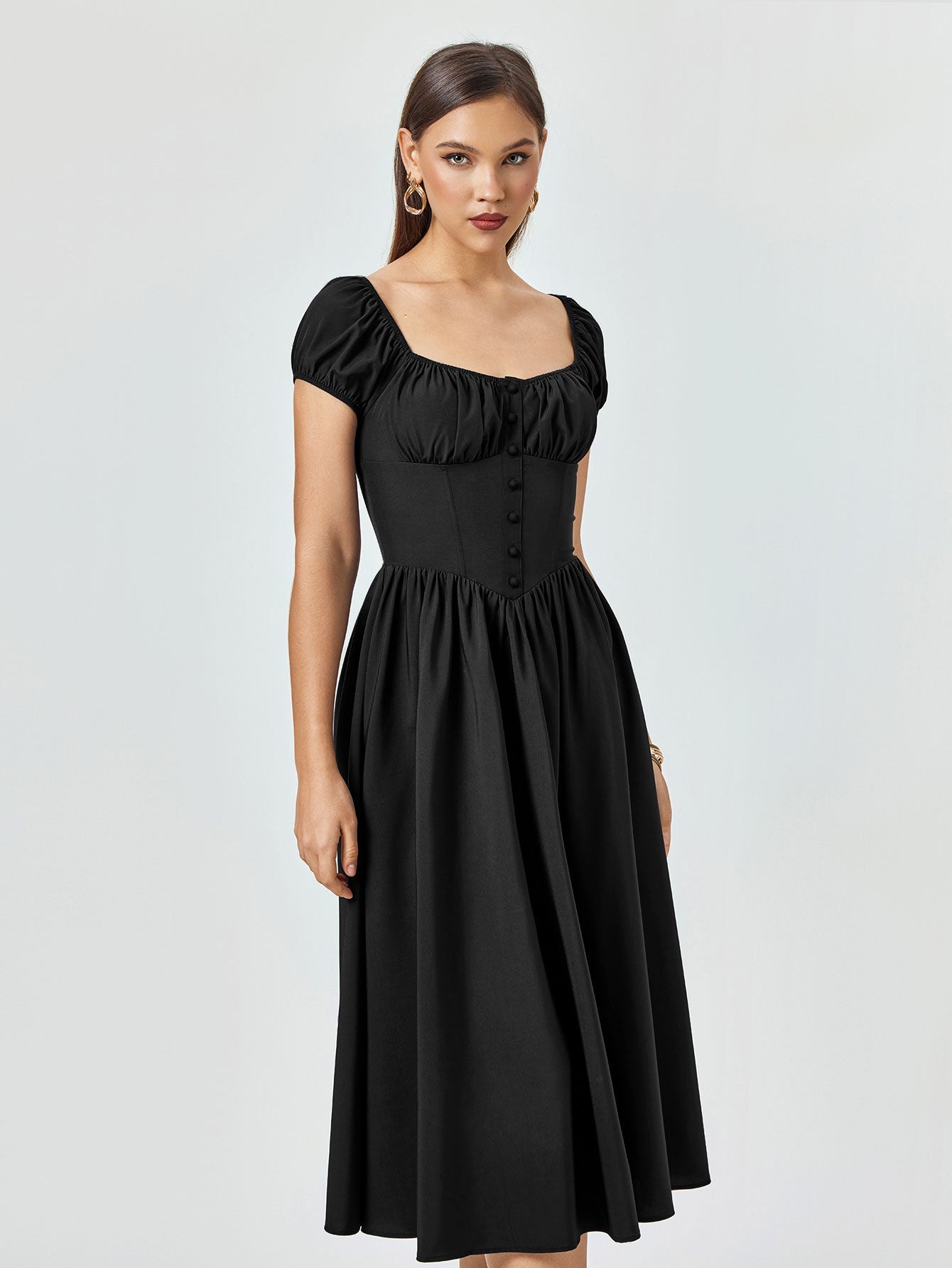 Puff Sleeve Ruched Bust Button Midi Dress