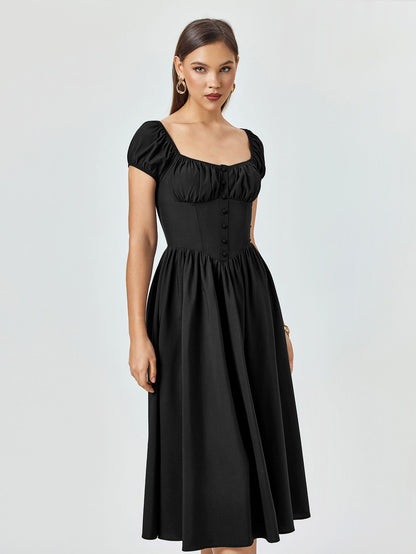 Puff Sleeve Ruched Bust Button Midi Dress