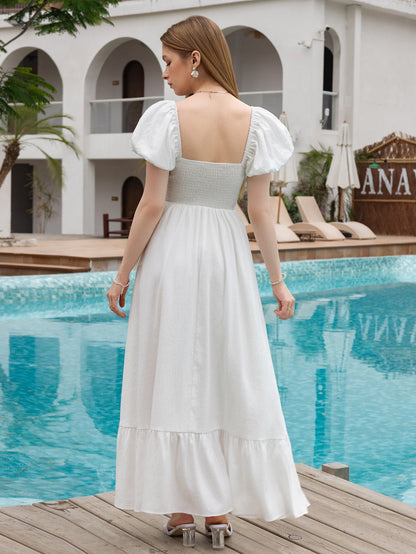 Puff Sleeve Ruched Waist Flared Long Dress