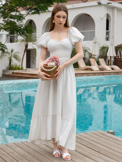Puff Sleeve Ruched Waist Flared Long Dress