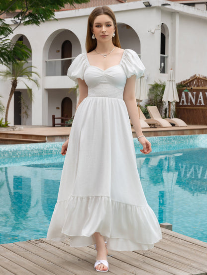 Puff Sleeve Ruched Waist Flared Long Dress