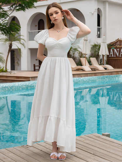 Puff Sleeve Ruched Waist Flared Long Dress