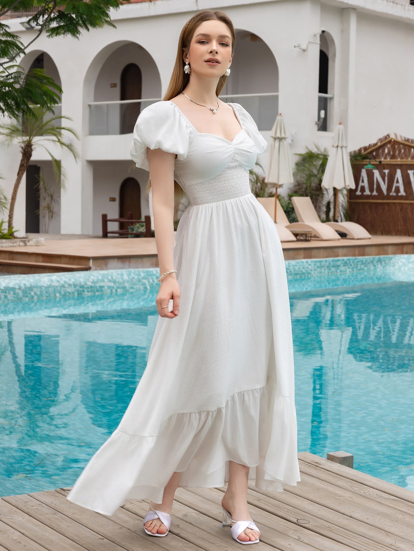 Puff Sleeve Ruched Waist Flared Long Dress