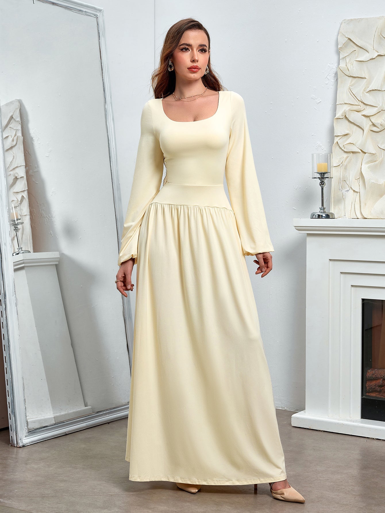 Puff Sleeve Square Neck Flared Bodycon Long Dress