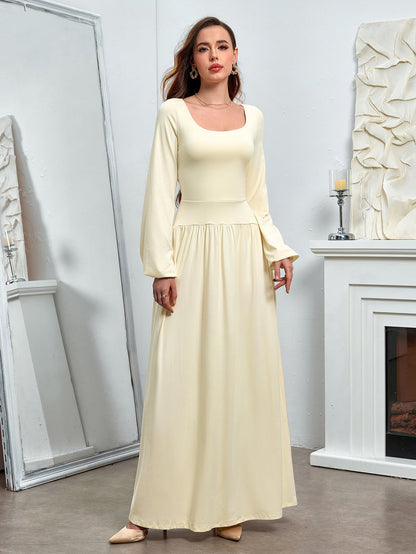 Puff Sleeve Square Neck Flared Bodycon Long Dress