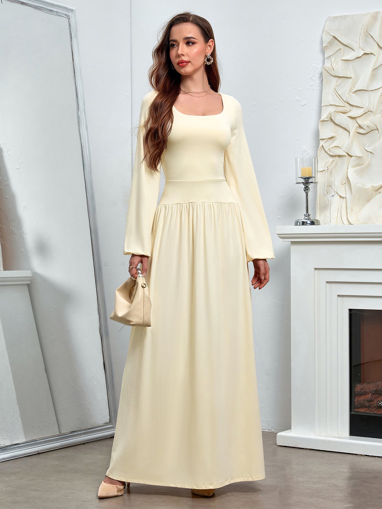 Puff Sleeve Square Neck Flared Bodycon Long Dress
