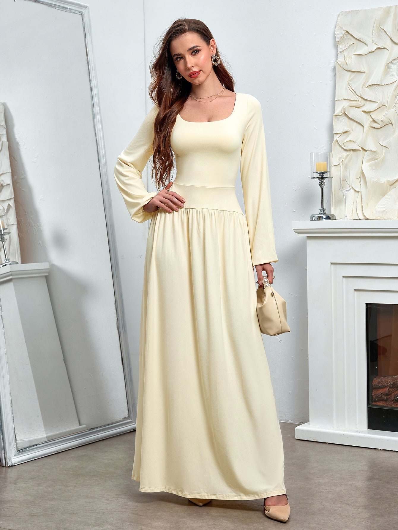 Puff Sleeve Square Neck Flared Bodycon Long Dress