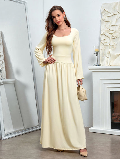 Puff Sleeve Square Neck Flared Bodycon Long Dress