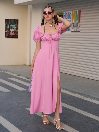 Puff Sleeve Tie Front Off Shoulder Slit Thigh Dress