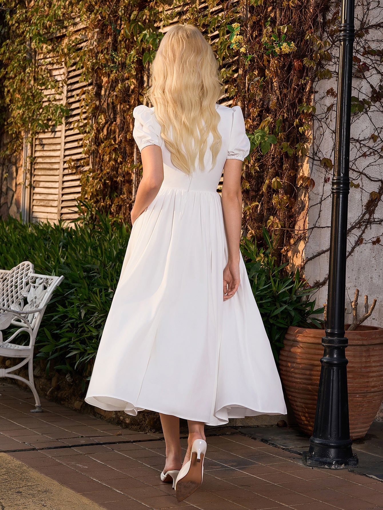Puff Sleeve V-Neck Pleat Pocket Solid Long Dress