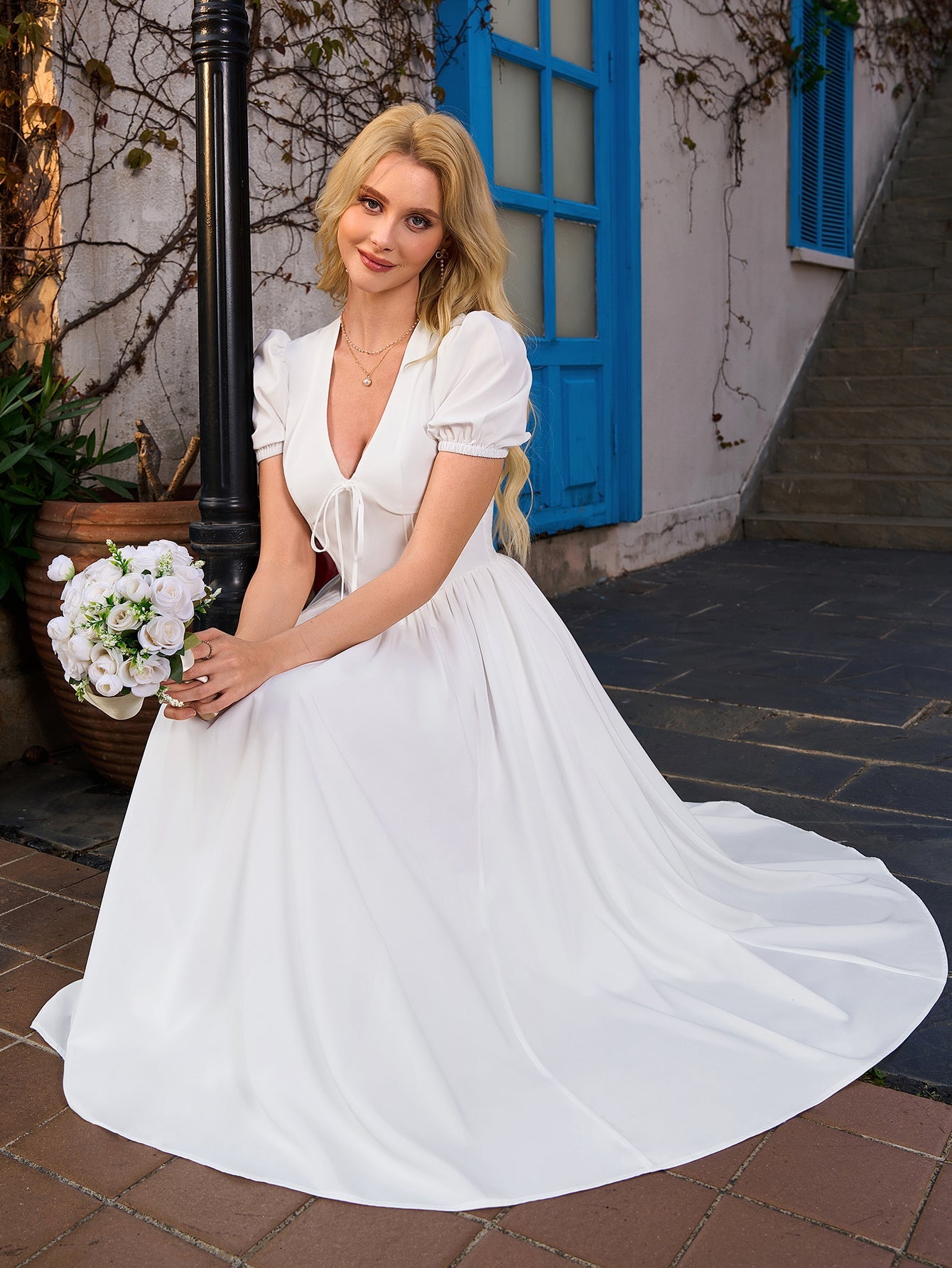Puff Sleeve V-Neck Pleat Pocket Solid Long Dress