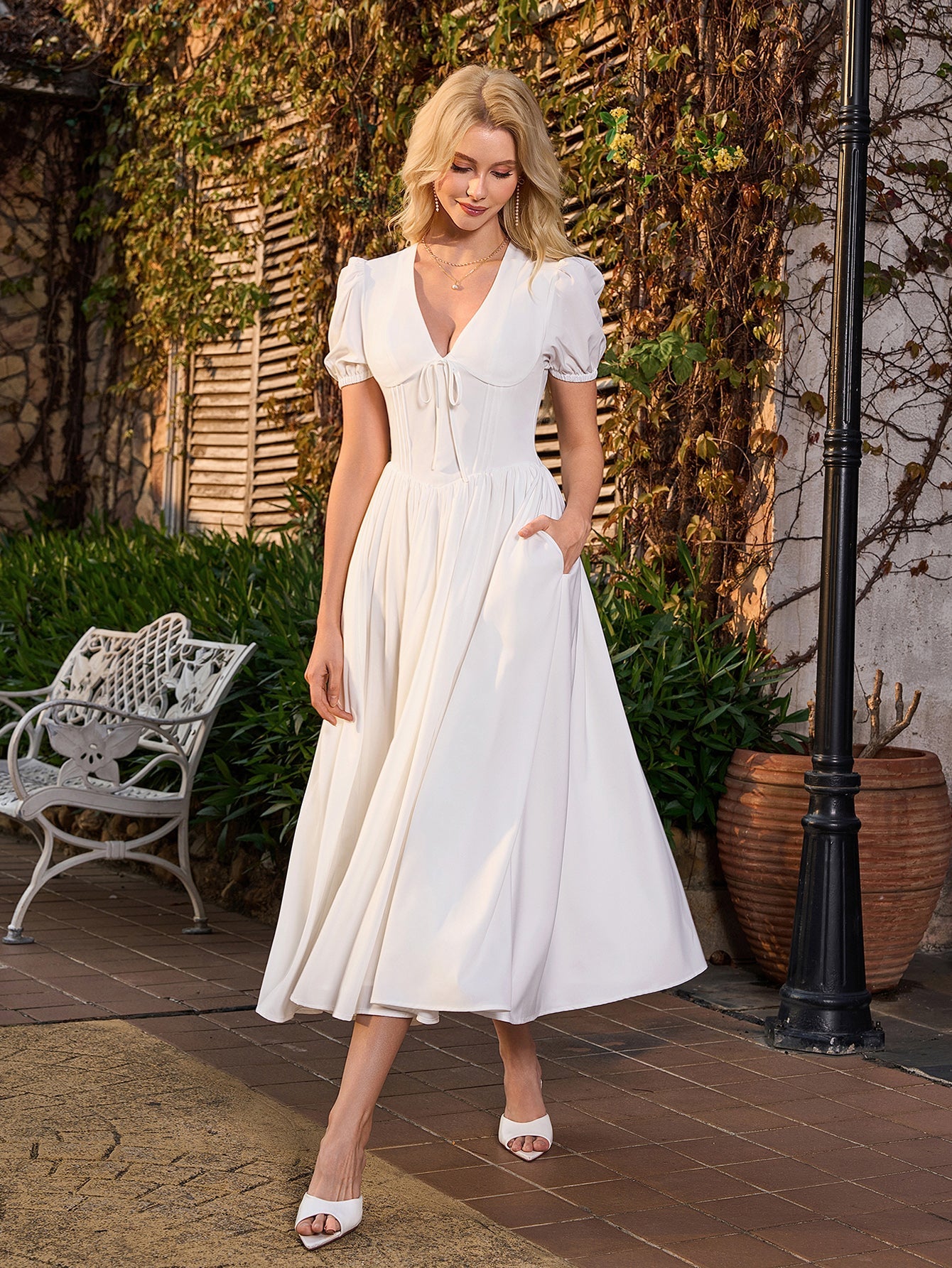 Puff Sleeve V-Neck Pleat Pocket Solid Long Dress