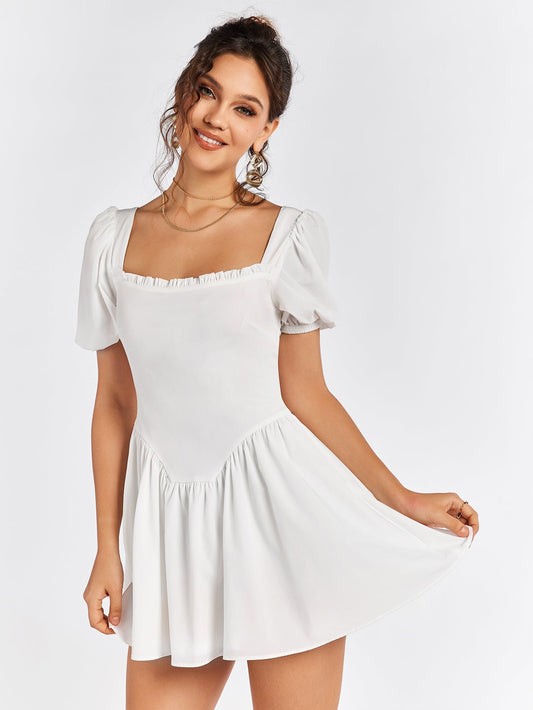 Puff Sleeve Zipper Back Mini Dress