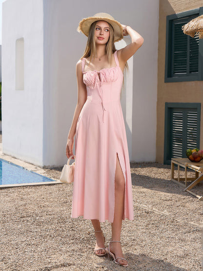 Ruched Bust Split Hem Crisscross Back Dress