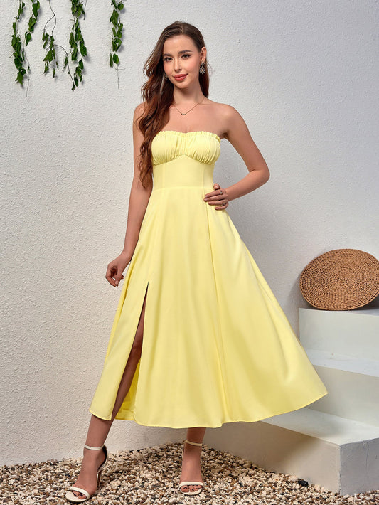 Ruched Bust Split Thigh Maxi Tube Dress