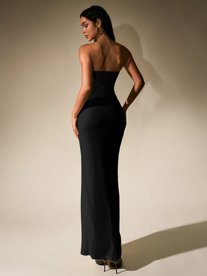 Ruched Corset Split Hem Mesh Tube Dress