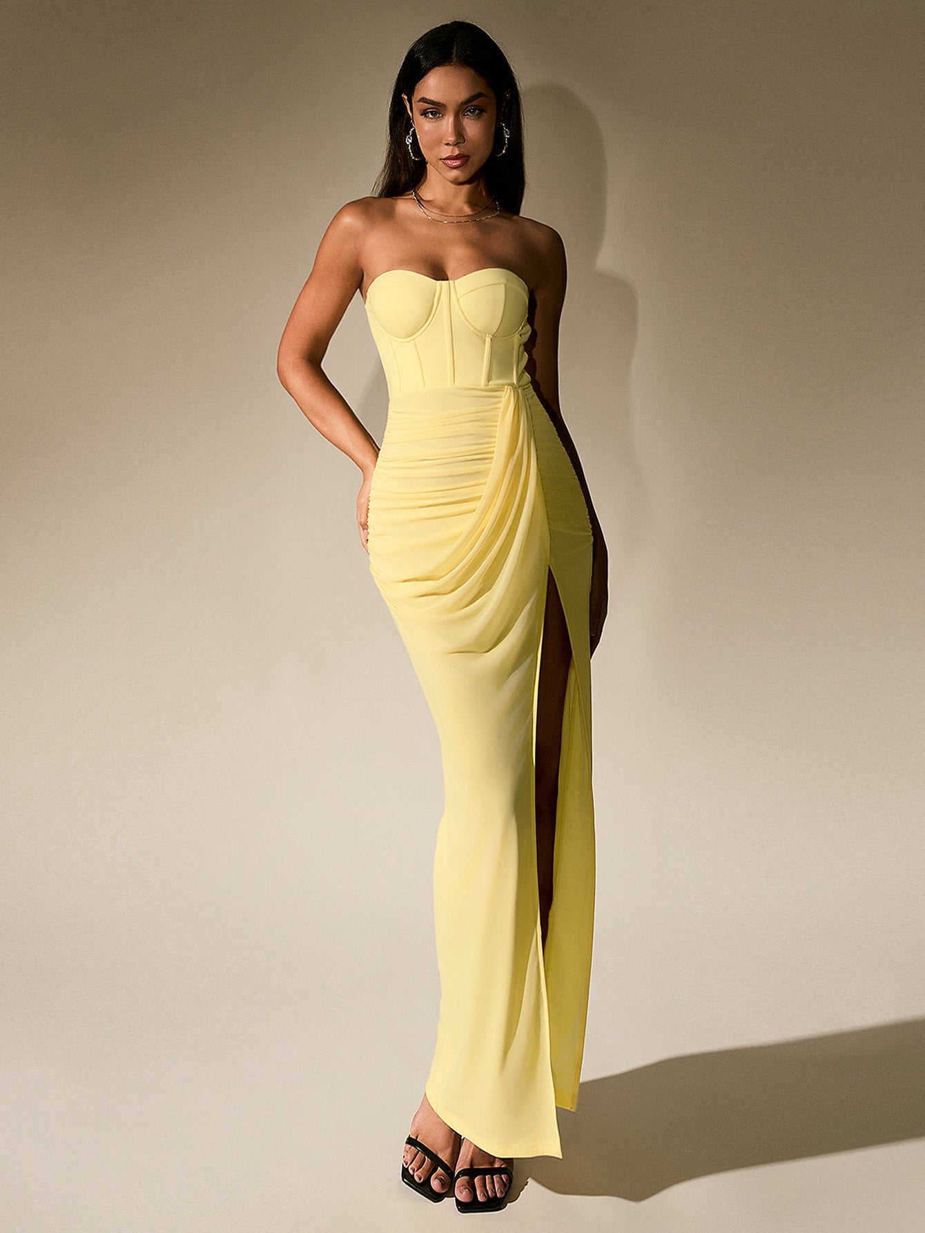 Ruched Corset Split Hem Mesh Tube Dress