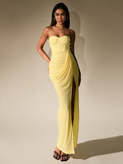 Ruched Corset Split Hem Mesh Tube Dress