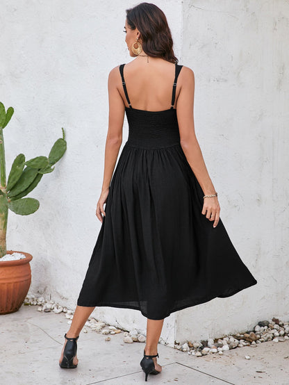 Ruched Smocking Backless Midi Dress