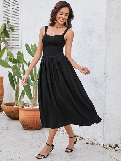 Ruched Smocking Backless Midi Dress