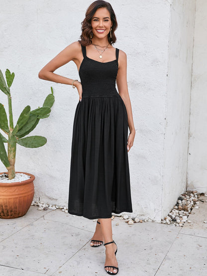 Ruched Smocking Backless Midi Dress
