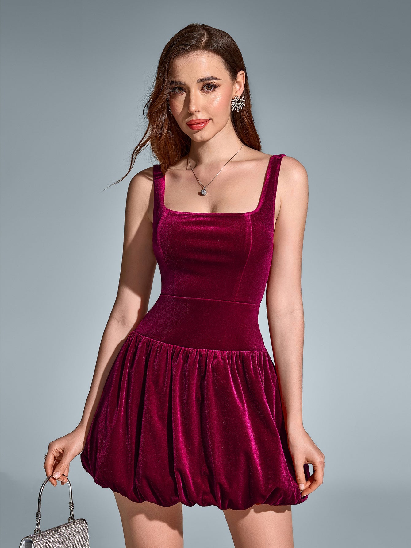 Square Neck Backless Velvet Pleated Hem Dress