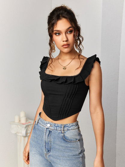 Square Neck Ruffles Asymmetrical Hem Tank Top