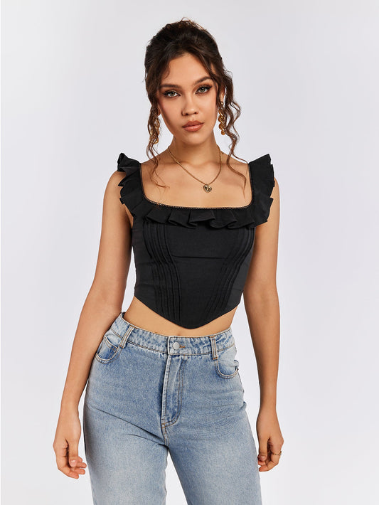 Square Neck Ruffles Asymmetrical Hem Tank Top