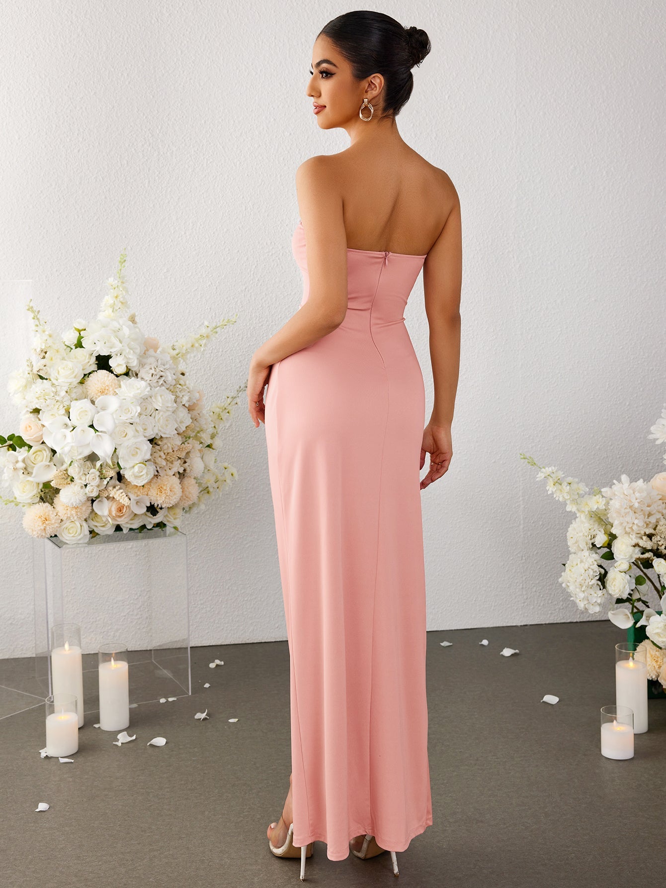 Stereo Flower Ruched Slit Hem Tube Dress