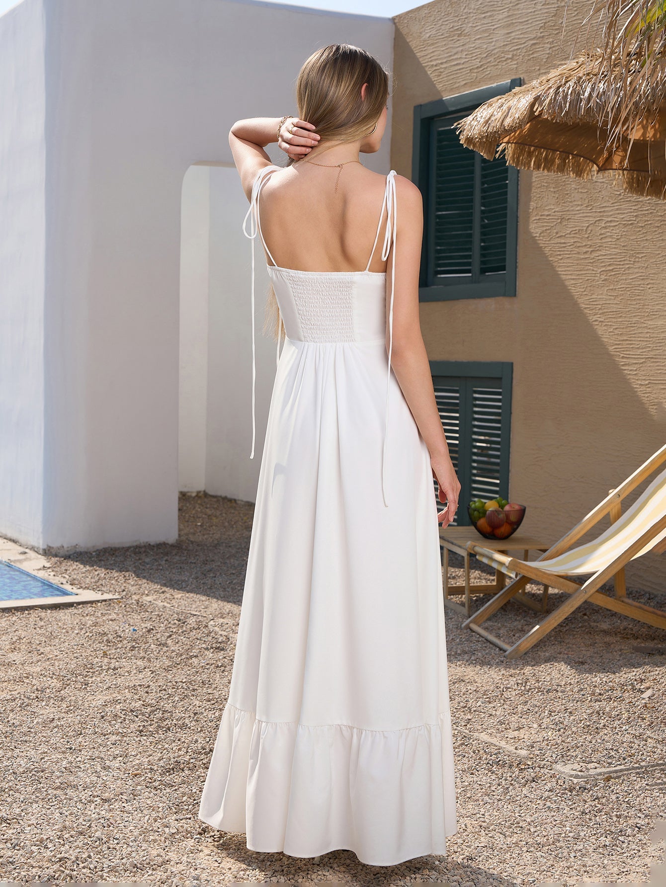Tie Shoulder Ruched Bust Maxi Solid Dress