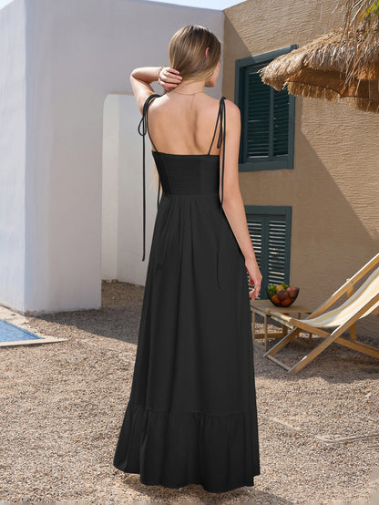 Tie Shoulder Ruched Bust Maxi Solid Dress