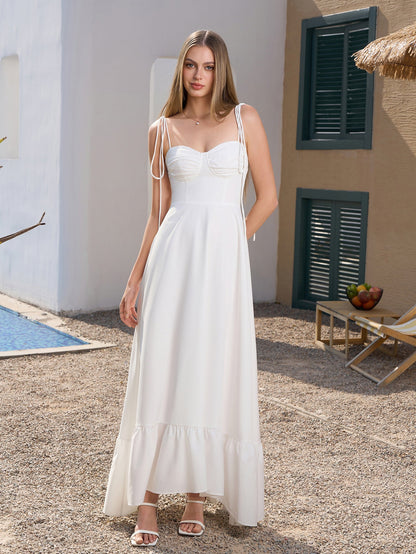 Tie Shoulder Ruched Bust Maxi Solid Dress
