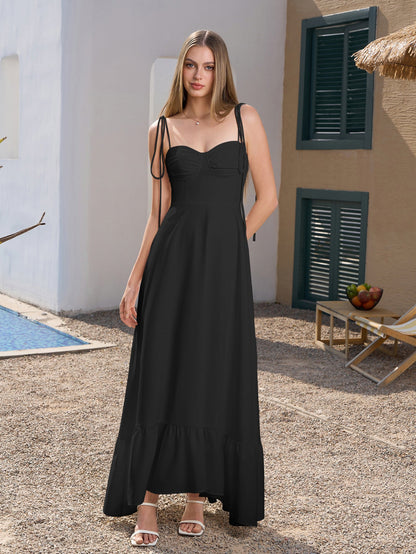 Tie Shoulder Ruched Bust Maxi Solid Dress