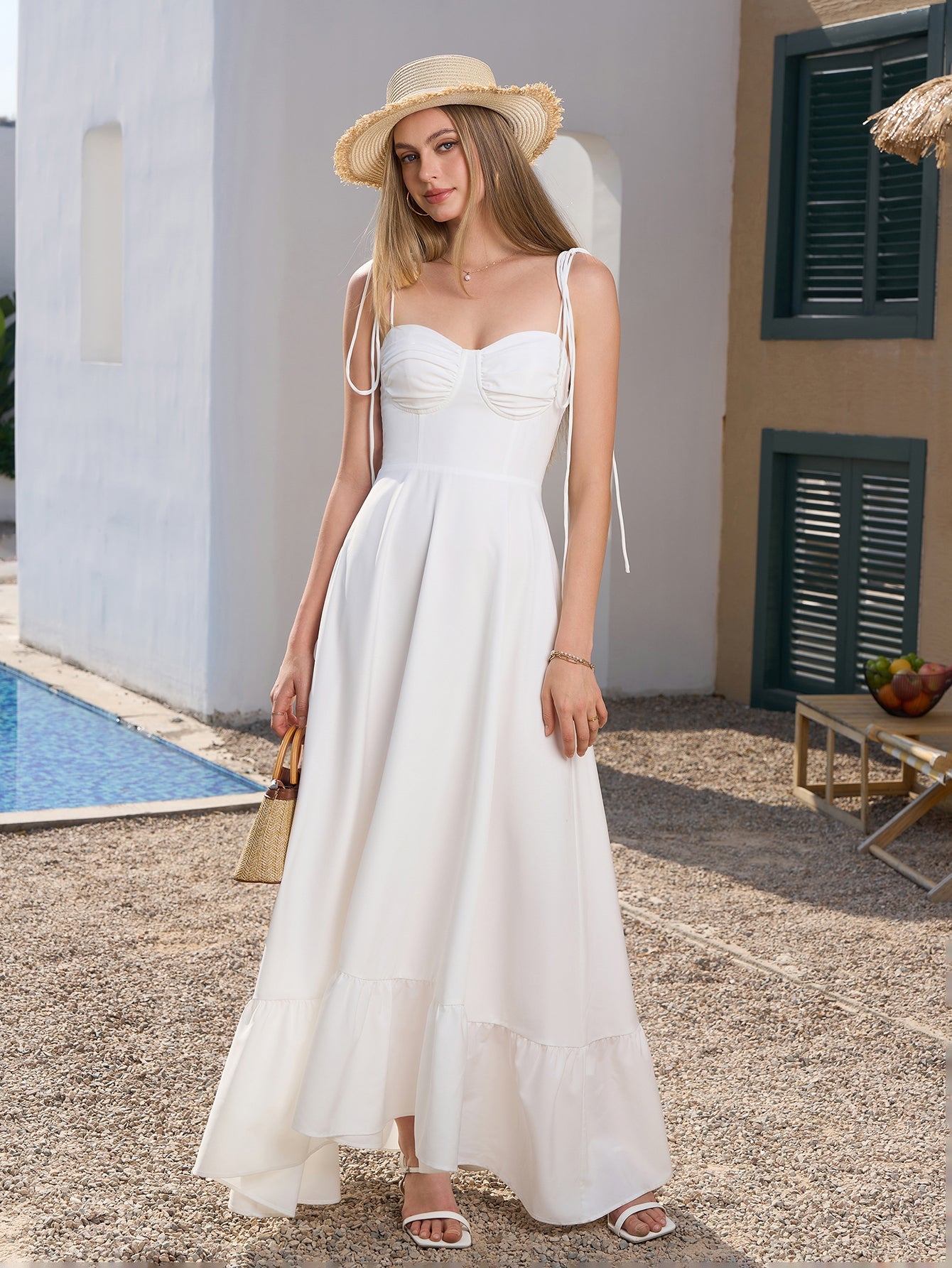 Tie Shoulder Ruched Bust Maxi Solid Dress