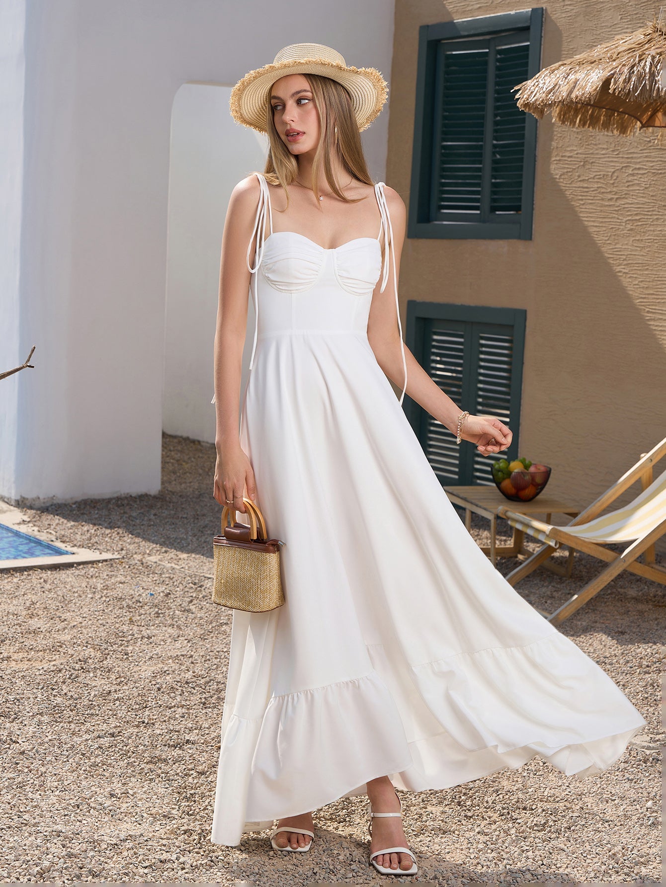 Tie Shoulder Ruched Bust Maxi Solid Dress
