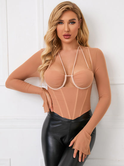 Tie Back Split Cuff Ruched Mesh Top